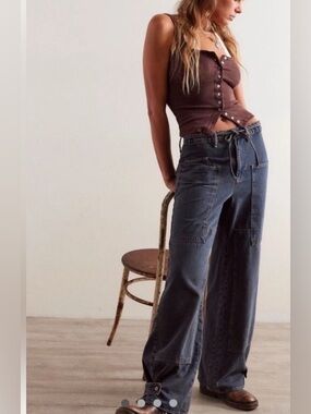 Free People Crvy Wide Leg Jeans We The Free Cargo Pockets - M